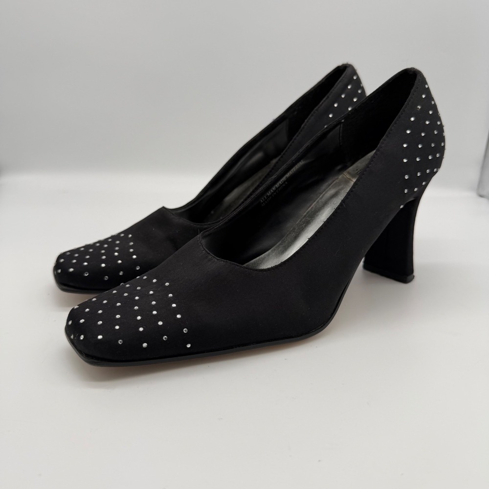 Wild Rose Black Satin Rhinestone‎ Square Toe Block Heel Pumps DIDA15 Womens 8
